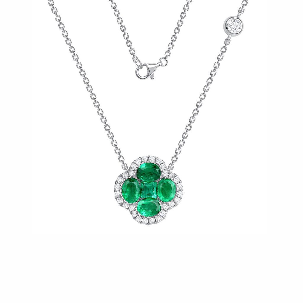 069 Ct Emerald 028 Ct Diamond 18k White Gold Four Leaf Flower Pendant Necklace